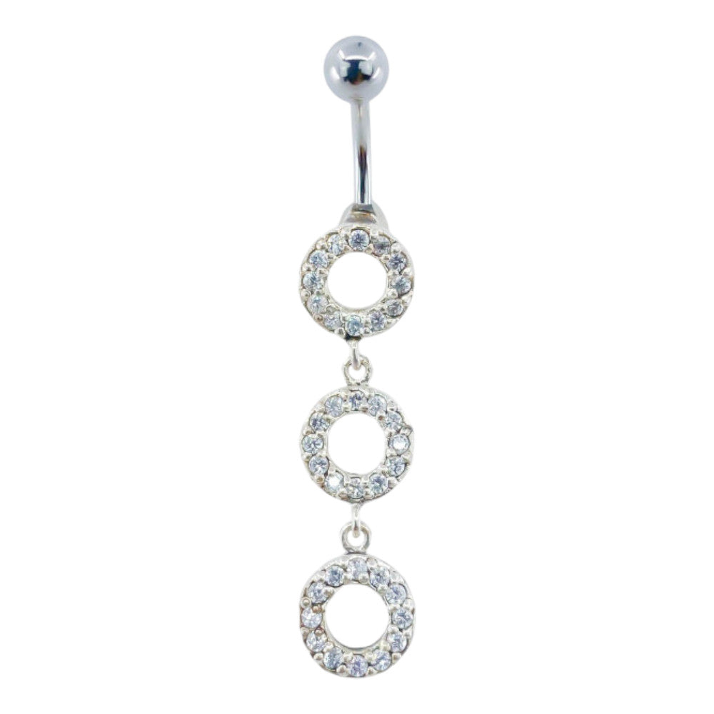 Piercing Nombril Acier Chirurgical Pendentif Argent Triple Cercle Cristaux Blancs