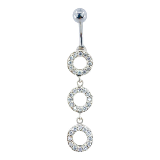 Piercing Nombril Acier Chirurgical Pendentif Argent Triple Cercle Cristaux Blancs
