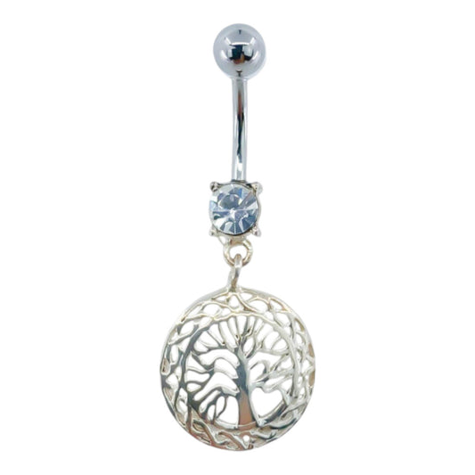 Piercing Nombril Acier Chirurgical Pendentif Argent Filigrane Arbre Vie