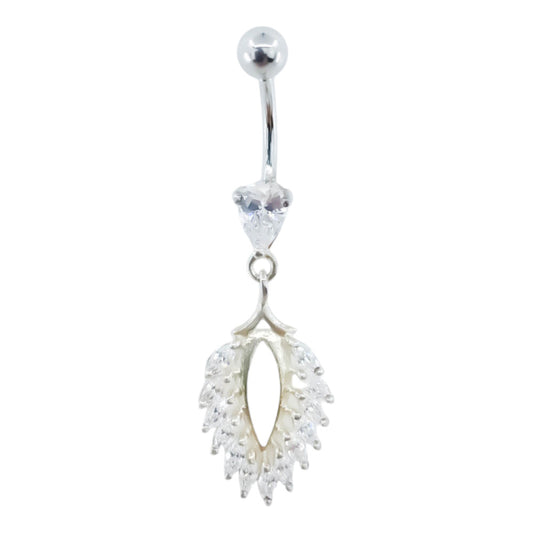 Piercing Nombril Acier Chirurgical Pendentif Argent Feuille Cristal Blanc