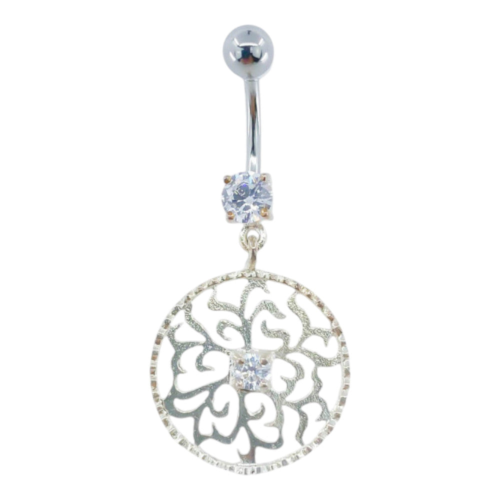 Piercing Nombril Acier Chirurgical Pendentif Argent Filigrane Fleur Cristal Blanc