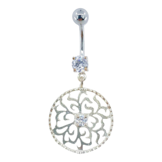 Piercing Nombril Acier Chirurgical Pendentif Argent Filigrane Fleur Cristal Blanc