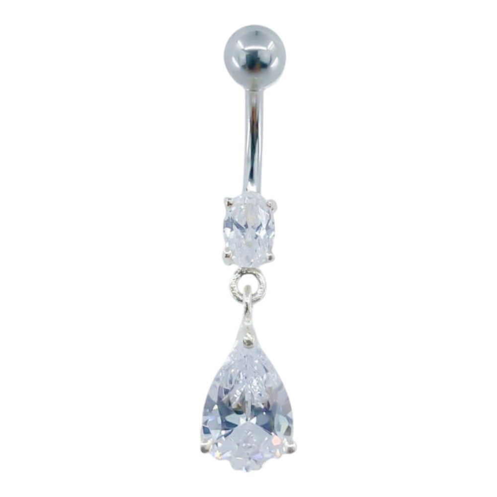 Piercing Nombril Acier Chirurgical Pendentif Argent Goutte Cristaux Blancs