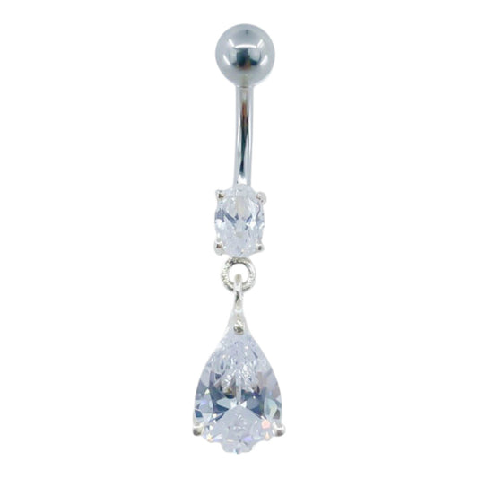 Piercing Nombril Acier Chirurgical Pendentif Argent Goutte Cristaux Blancs
