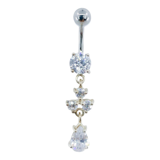 Piercing Nombril Acier Chirurgical Pendentif Argent Cristaux Blancs